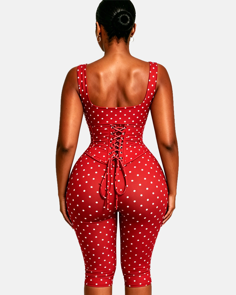 Polka Dot Square Neck Capri Jumpsuit with Hourglass Detachable Corset Two-Piece Set