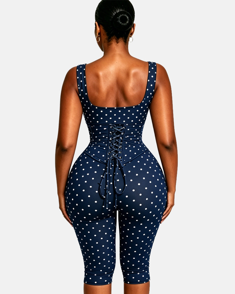Polka Dot Square Neck Capri Jumpsuit with Hourglass Detachable Corset Two-Piece Set