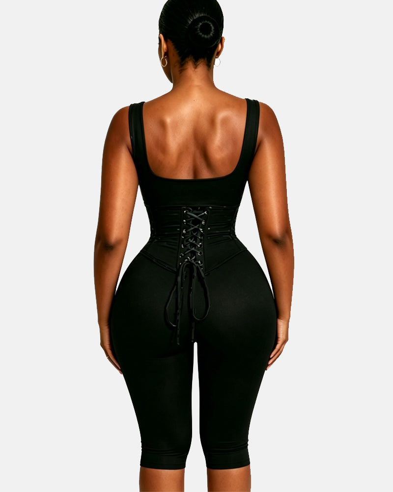 Polka Dot Square Neck Capri Jumpsuit with Hourglass Detachable Corset Two-Piece Set