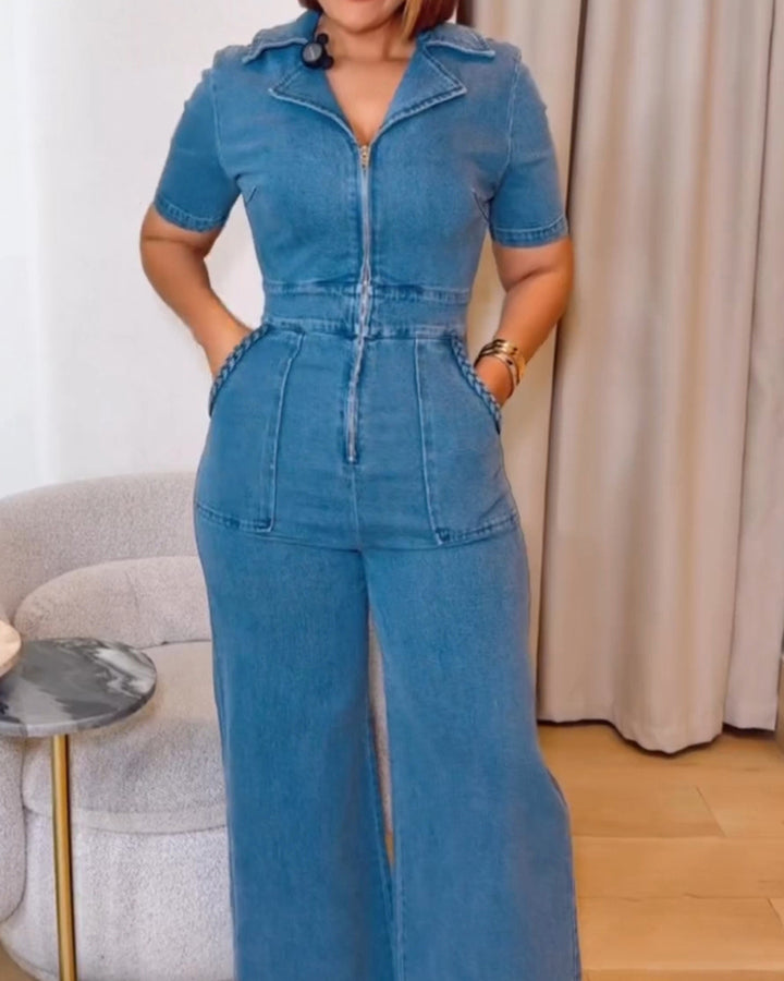 Lässiger Kurzärmliger Lockerer Gerader Jeans Overall mit Taschen für Damen