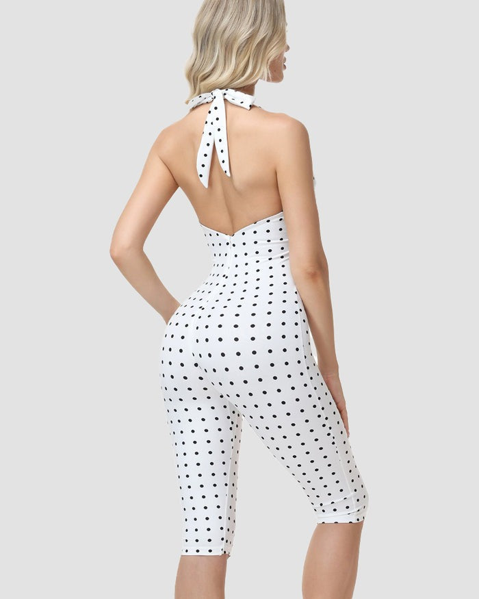 Hourglass Figure Body Shaper Waist Cincher Polka Dot Capri Jumpsuit Two-Piece Set