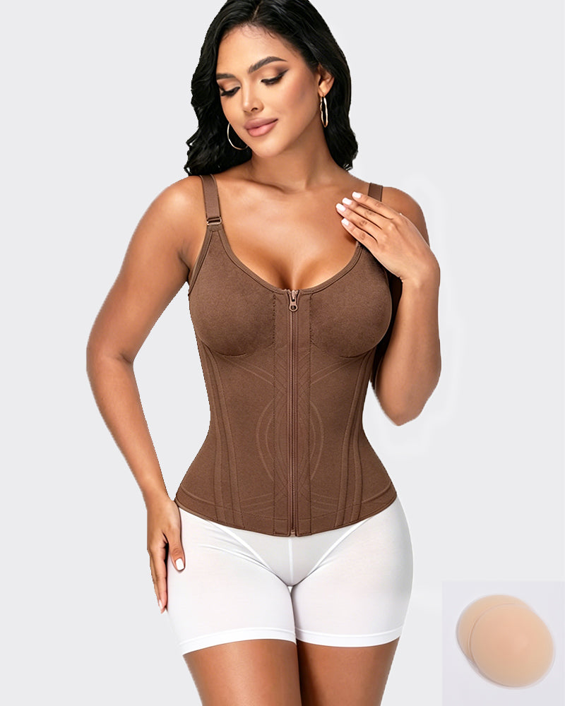 Shaping thin-strapped zipper vest, soft and comfortable shapewear with breast pads