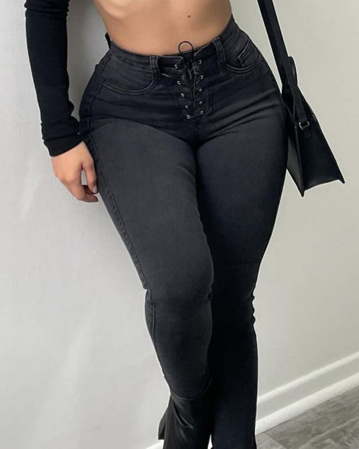 Shapshe® Hoch Taillierte Damen Slim Stretch Jeans mit Schnürung