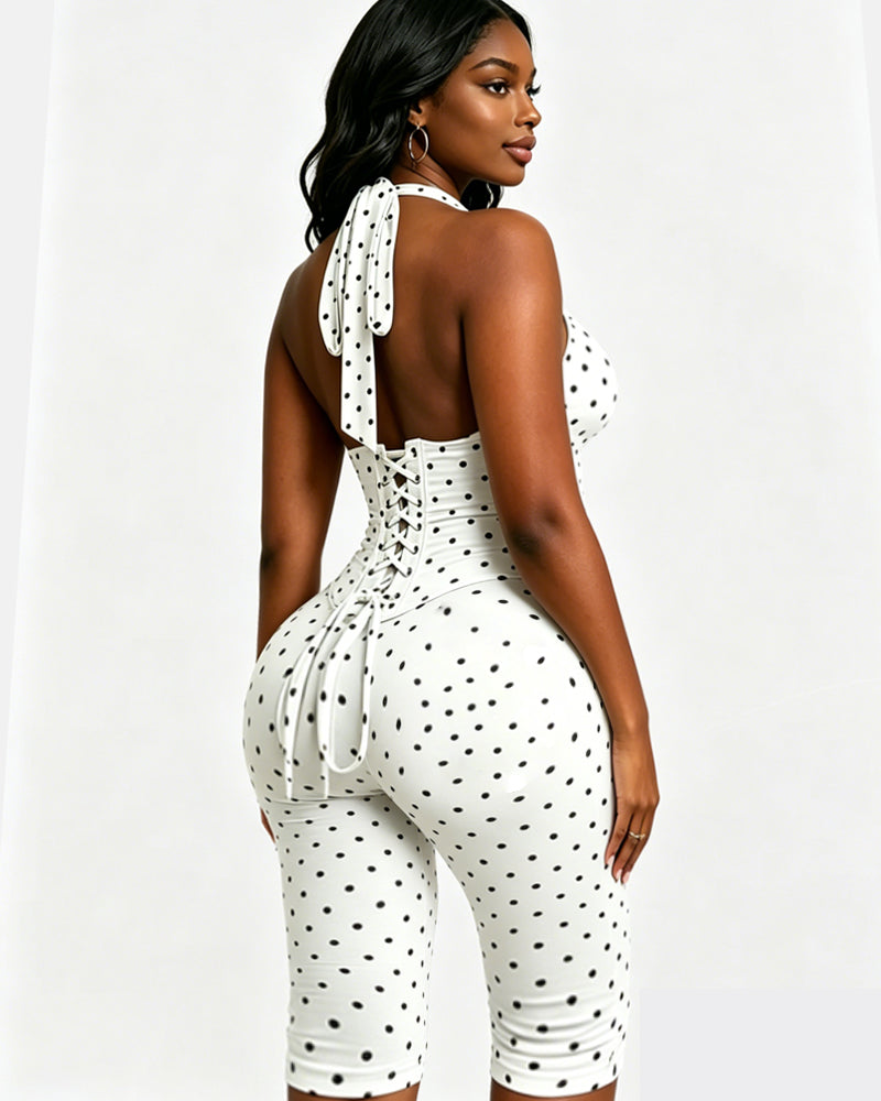 Polka Dot Halter Neck Backless Slim-Fit Stretch Capri Jumpsuit