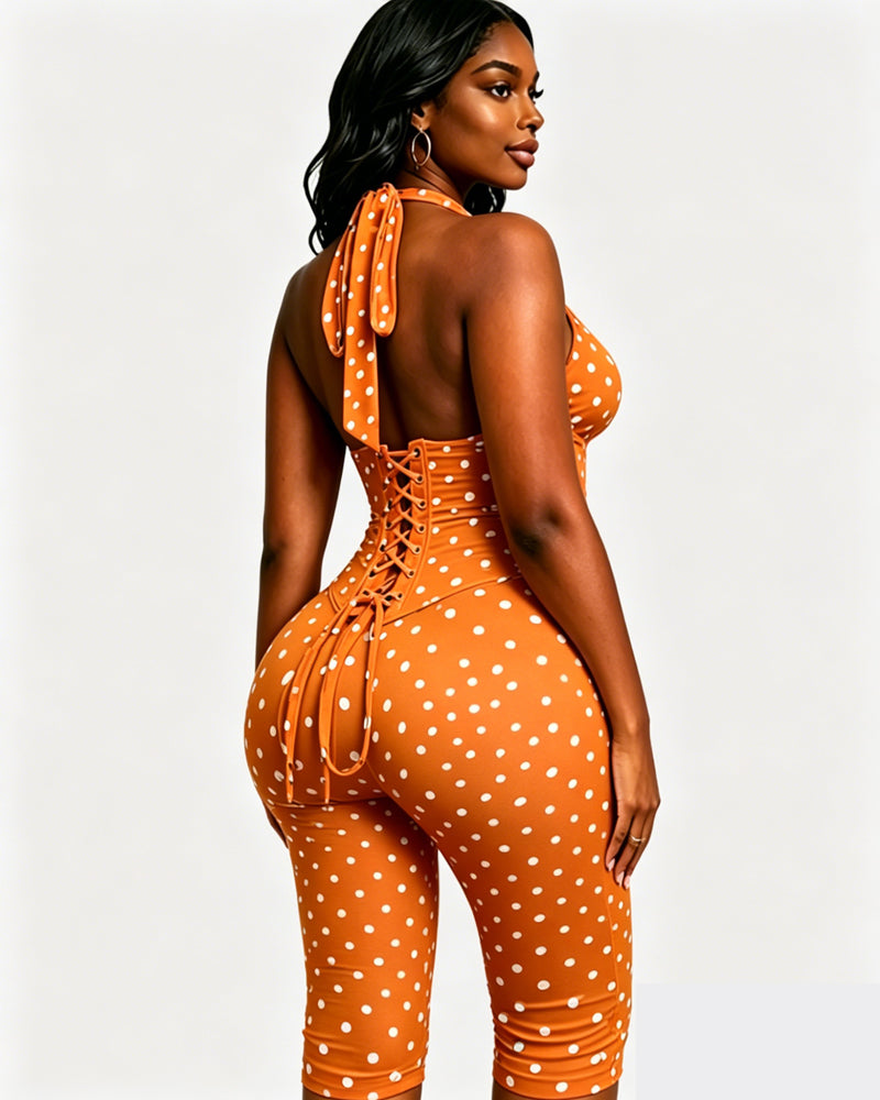 Polka Dot Halter Neck Backless Slim-Fit Stretch Capri Jumpsuit