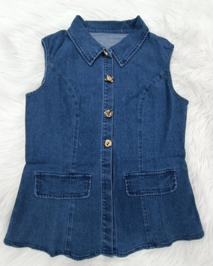 Damen Klassisch Schickes Ärmellos Verwaschenes Jeans Set