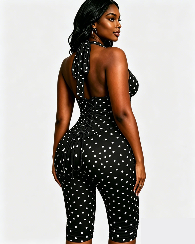 Polka Dot Halter Neck Backless Slim-Fit Stretch Capri Jumpsuit