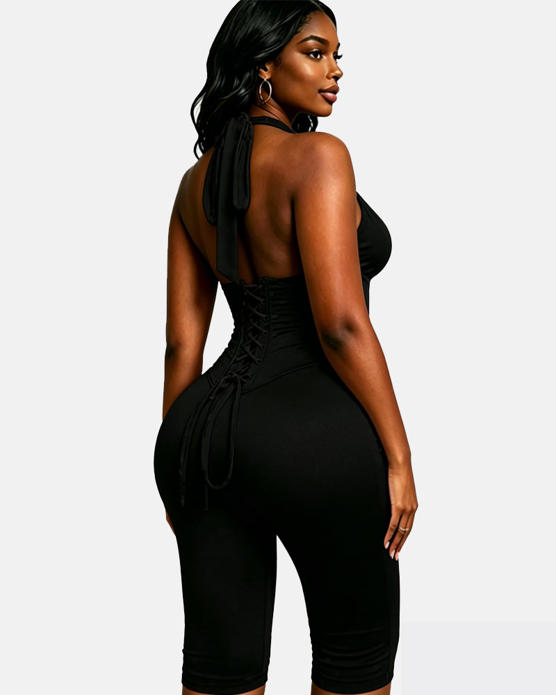 Polka Dot Halter Neck Backless Slim-Fit Stretch Capri Jumpsuit