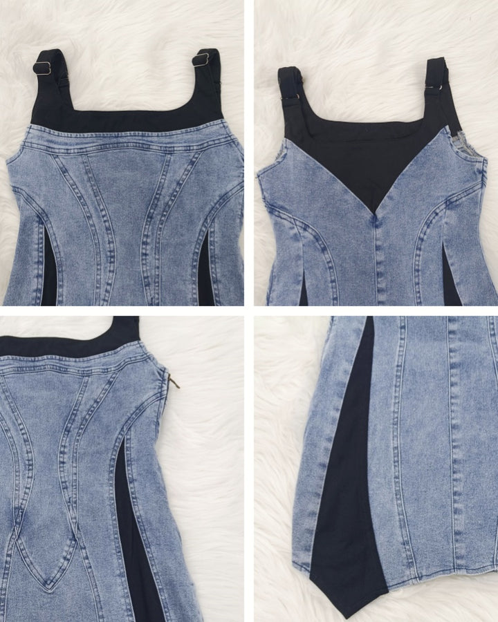 Kontrast Farbe Denim Ärmellos Bodycon Mini Kleid