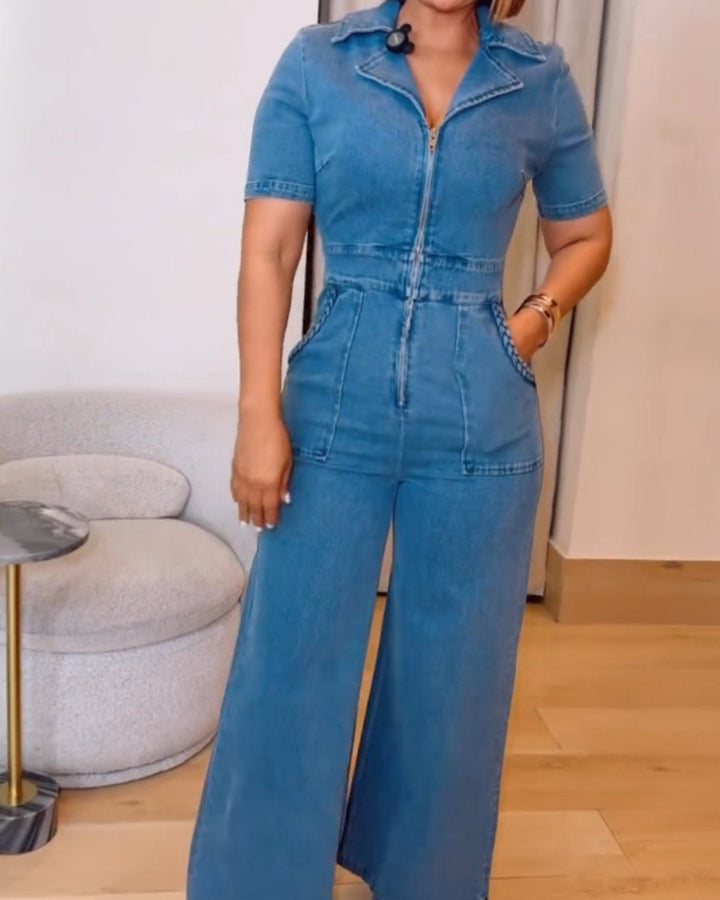 Lässiger Kurzärmliger Lockerer Gerader Jeans Overall mit Taschen für Damen