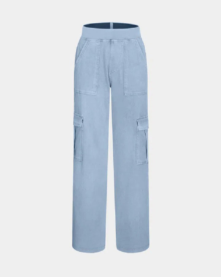 Mittlere Taille Mehrere Taschen Gerades Bein Dehnbarer Strick Lässige Cargo Jeans