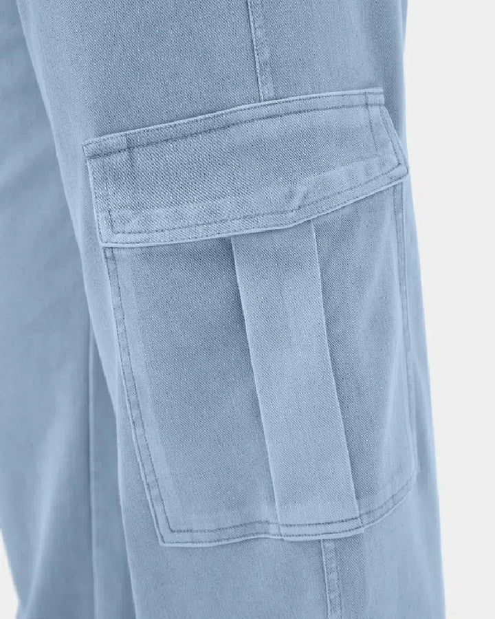 Mittlere Taille Mehrere Taschen Gerades Bein Dehnbarer Strick Lässige Cargo Jeans