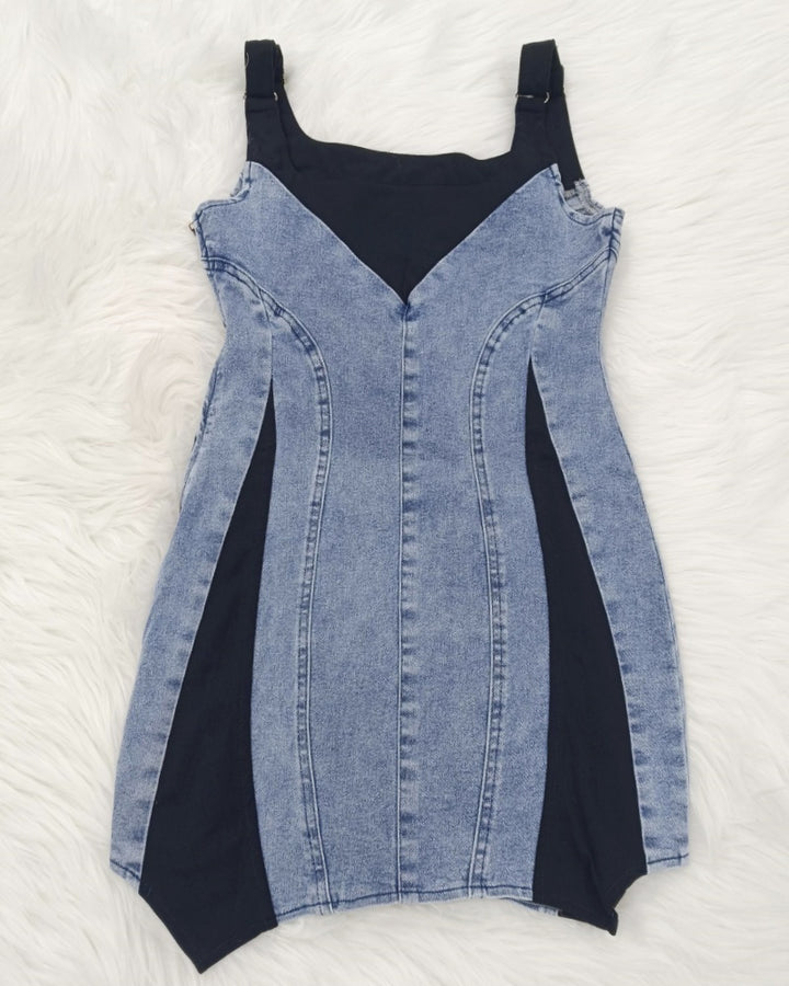 Kontrast Farbe Denim Ärmellos Bodycon Mini Kleid