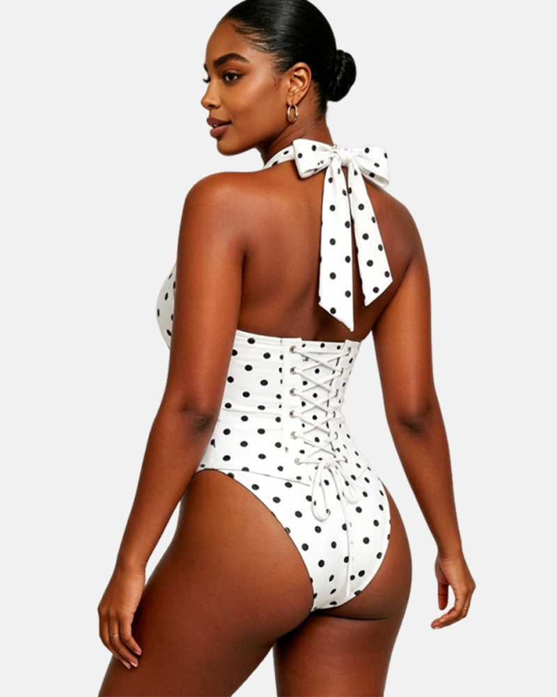 Polka dot halter neck bodycon one-piece swimsuit with straps