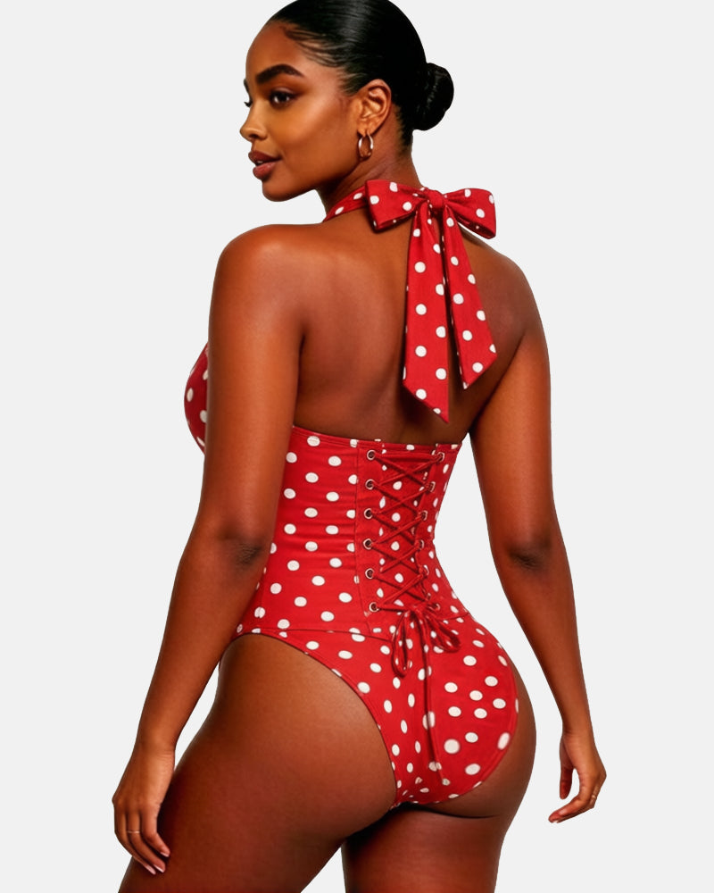 Polka dot halter neck bodycon one-piece swimsuit with straps