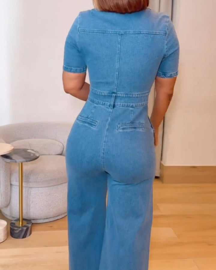 Lässiger Kurzärmliger Lockerer Gerader Jeans Overall mit Taschen für Damen