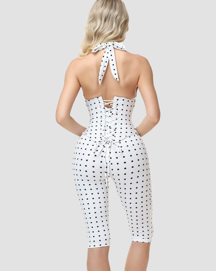 Hourglass Figure Body Shaper Waist Cincher Polka Dot Capri Jumpsuit Two-Piece Set
