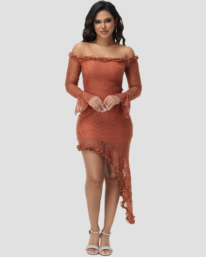 Sexy Figurbetontes Spitzen Patchwork Tube Top Langärmliges Unregelmäßig Geschnittenes Kleid