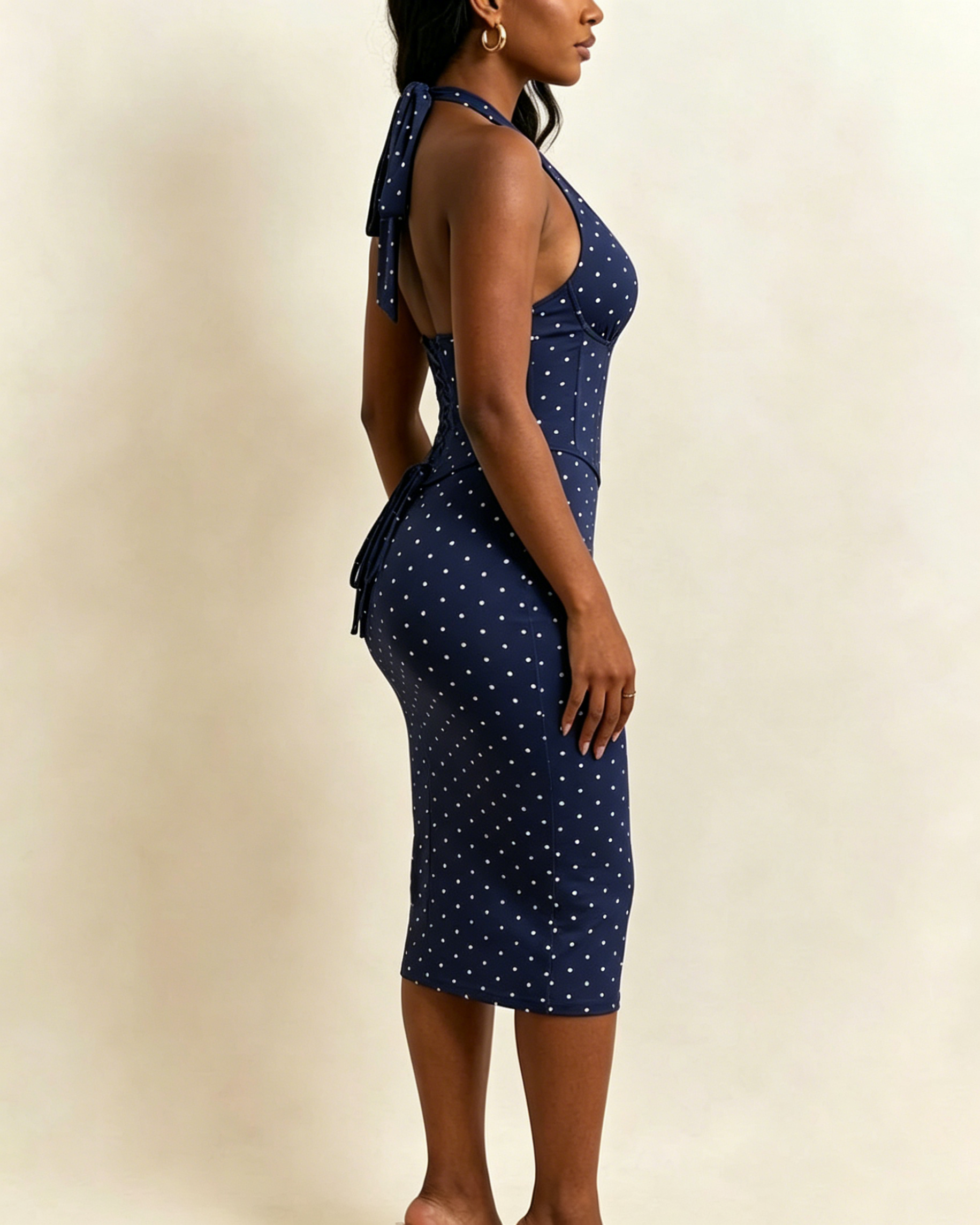 Polka Dot Hourgalss Corset Halter Midi Dress with Lace-Up Back Two-Piece Set