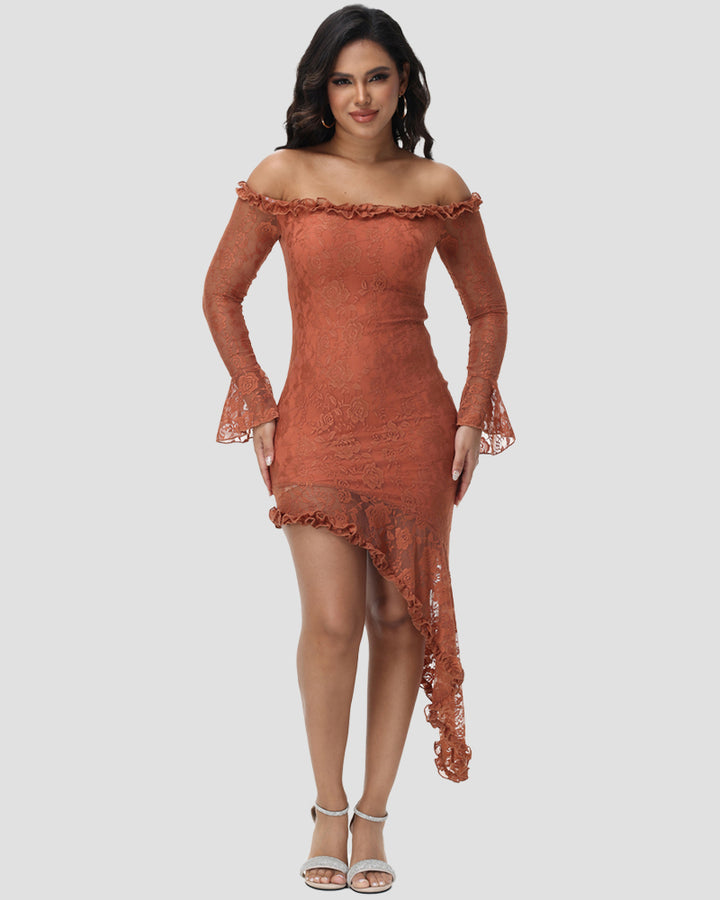 Sexy Figurbetontes Spitzen Patchwork Tube Top Langärmliges Unregelmäßig Geschnittenes Kleid