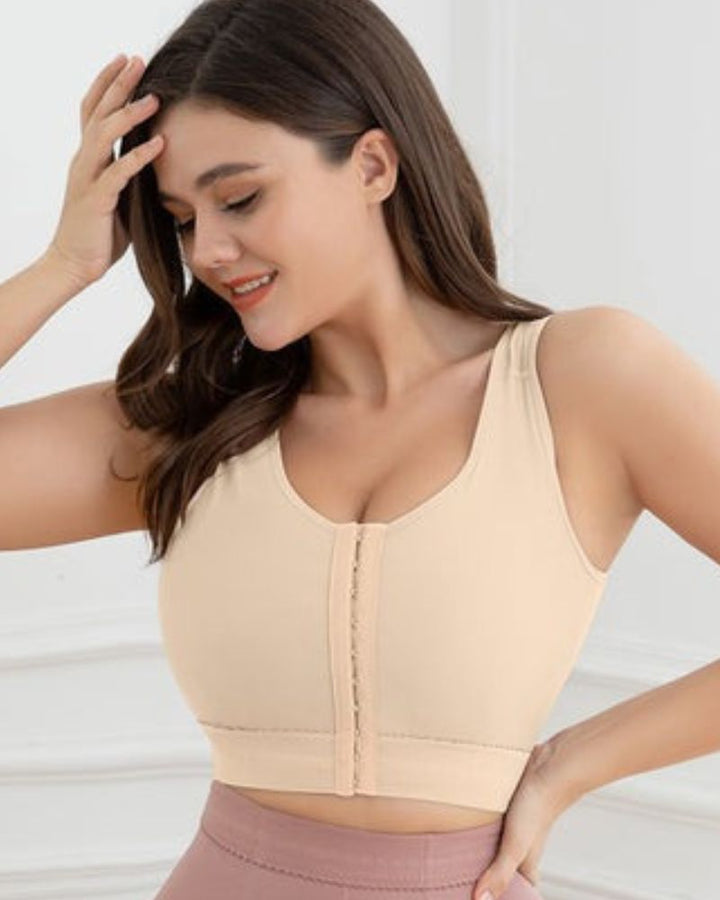 Shapshe® Damen Sport-BH mit Vorderverschluss ohne Bügel gepolsterte Unterstützung Workout bauchfrei Beige
