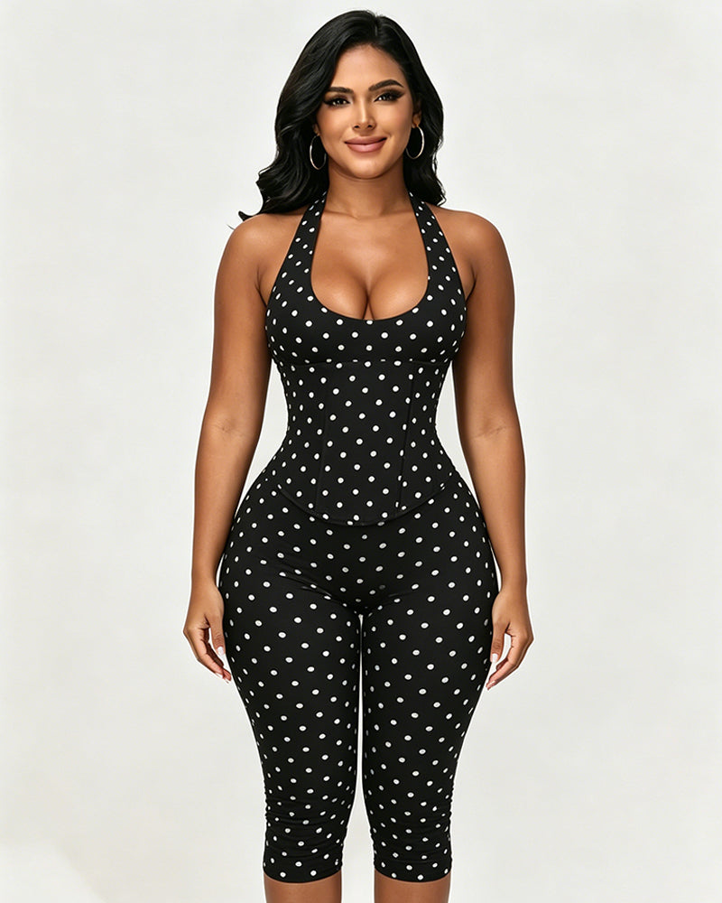 Hourglass Figure Body Shaper Waist Cincher Polka Dot Capri Jumpsuit Two-Piece Set