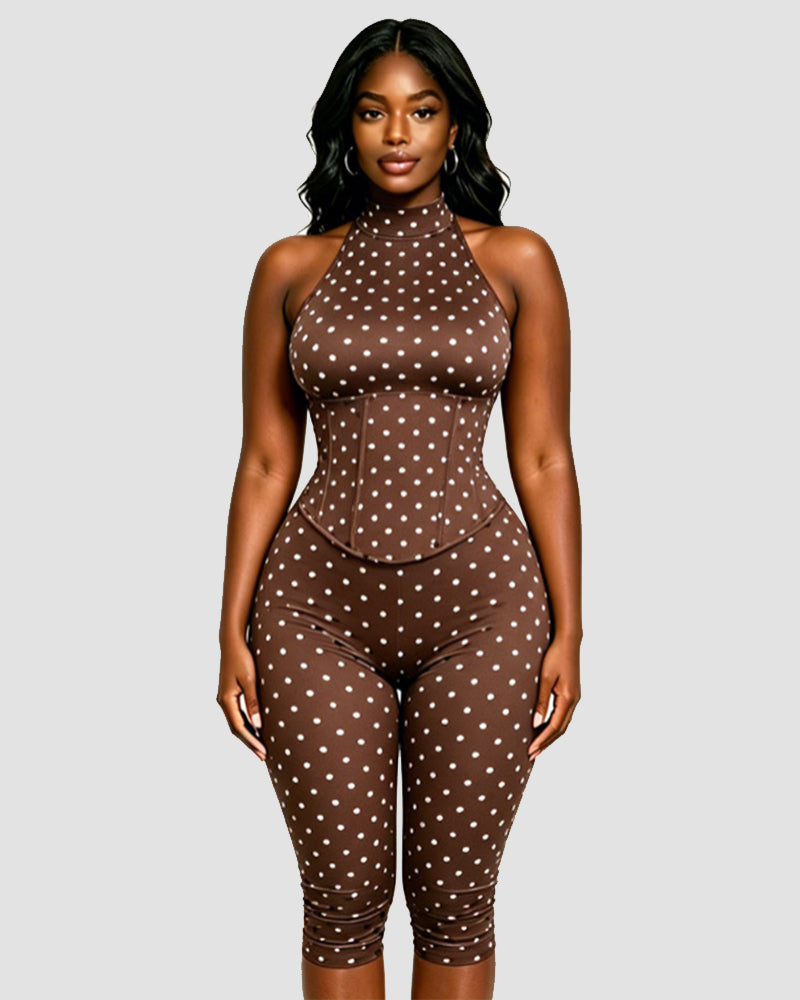 Polka Dot Halter Neck Backless Slim-Fit Stretch Capri Jumpsuit