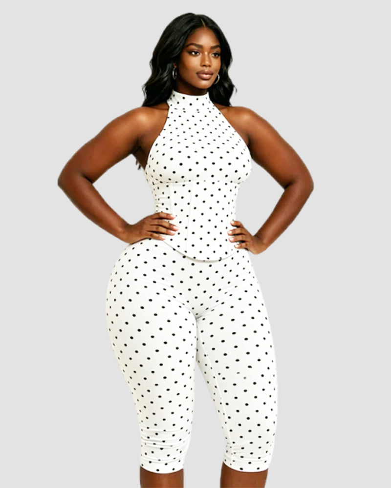 Polka Dot Halter Neck Backless Slim-Fit Stretch Capri Jumpsuit