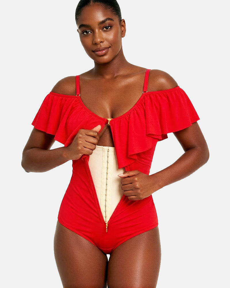 Ruffled triangle one-piece swimsuit with shoulder straps and a hook and loop and zipper design.