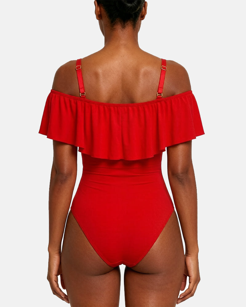 Ruffled triangle one-piece swimsuit with shoulder straps and a hook and loop and zipper design.