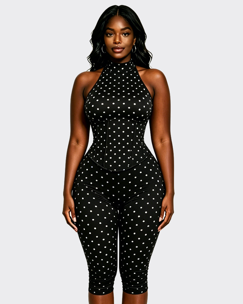 Polka Dot Halter Neck Backless Slim-Fit Stretch Capri Jumpsuit