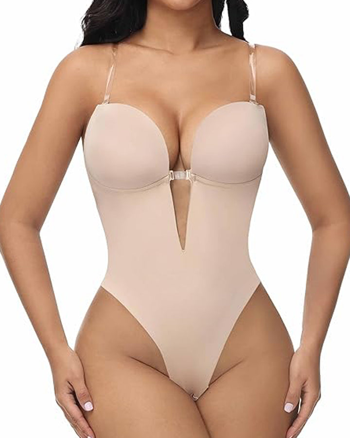 Shapshe® Plunge Rückenfreier Bodysuit Nahtloser Integrierter BH Tanga Shapewear