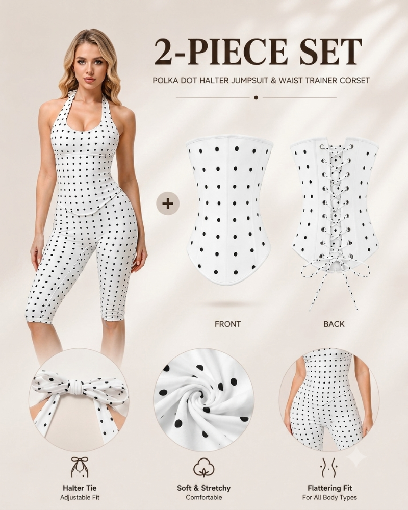 Hourglass Figure Body Shaper Waist Cincher Polka Dot Capri Jumpsuit Two-Piece Set