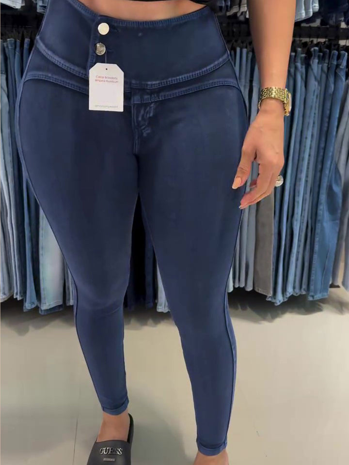 Shapshe® Hoch Taillierte Skinny Jeans im Kolumbianischen Stil mit Seitlichen Knöpfen und Hüftlifting