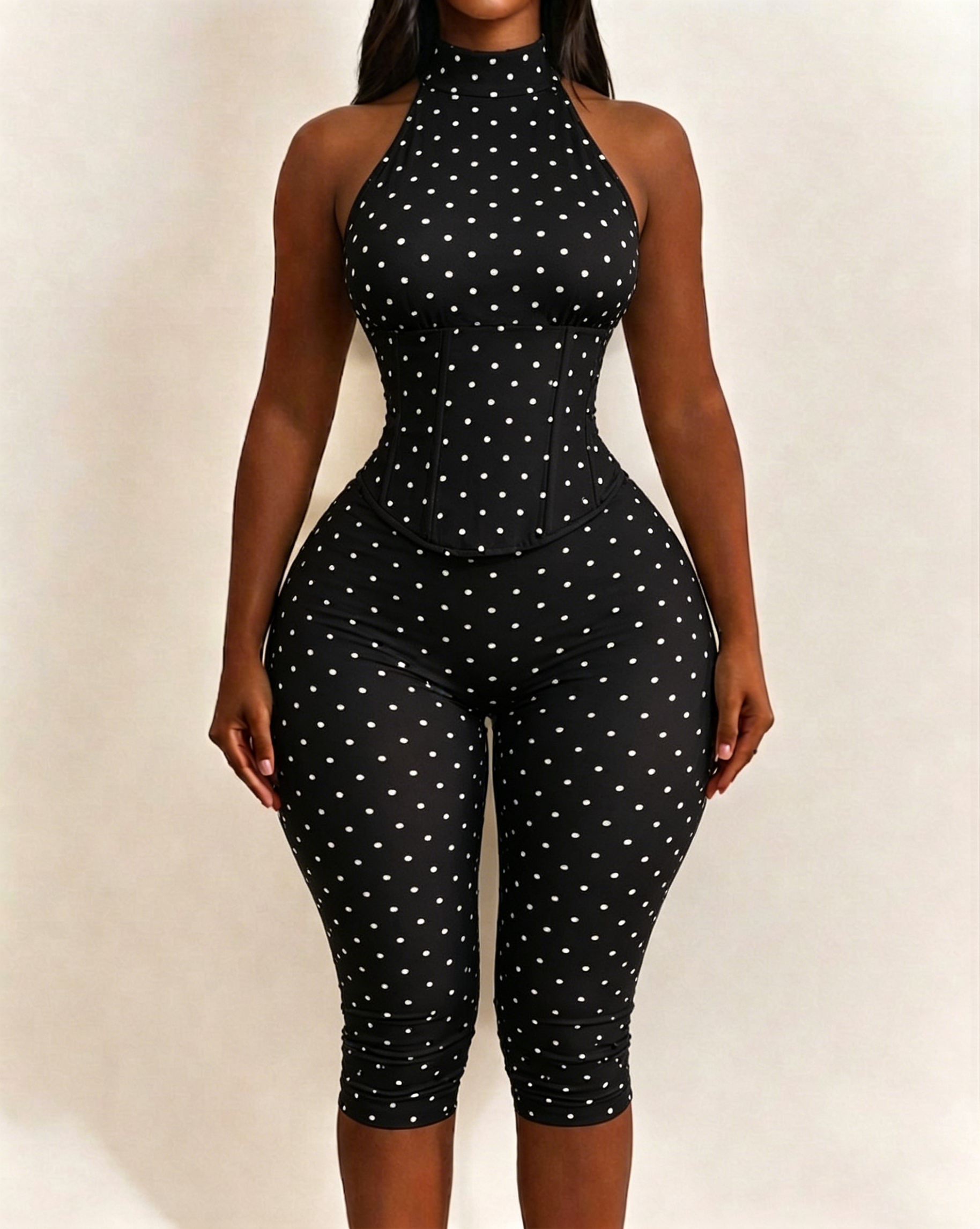 Polka Dot Halter Neck Backless Slim-Fit Stretch Capri Jumpsuit
