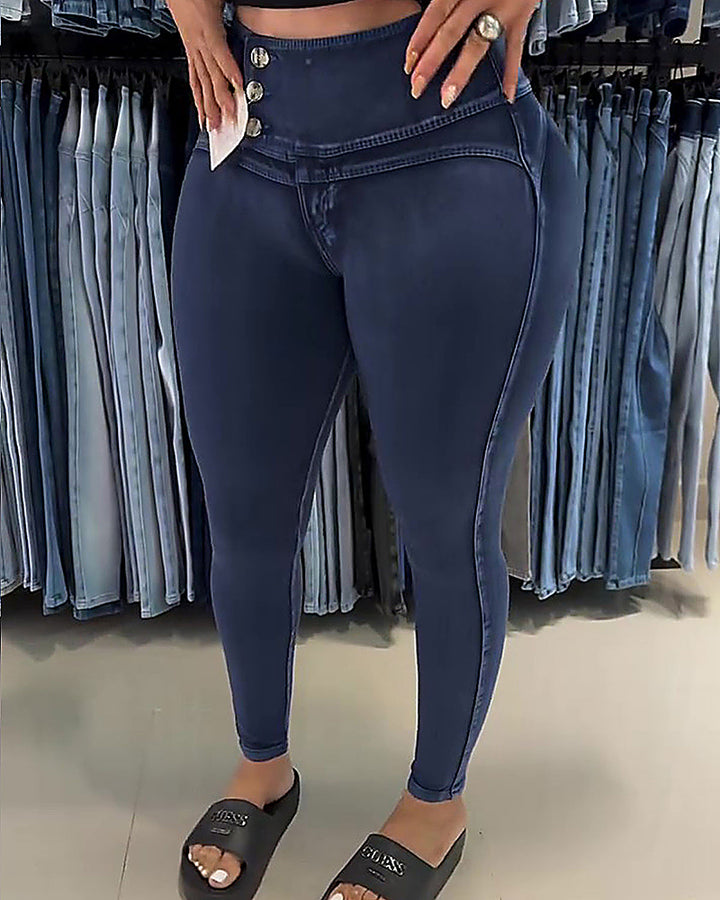 Shapshe® Hoch Taillierte Skinny Jeans im Kolumbianischen Stil mit Seitlichen Knöpfen und Hüftlifting