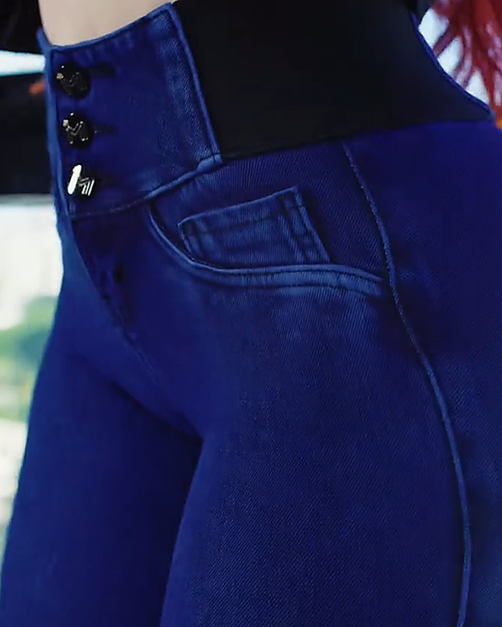 Shapshe® Kolumbianische Skinny Jeans mit Hoher Taille Elastischem Bund und Mehreren Knöpfen für Damen