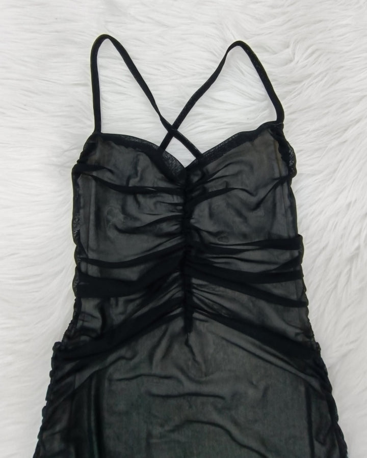 Sexy Rückenfreies überkreuztes Figurbetontes Netz Patchwork Kleid mit Schnürung