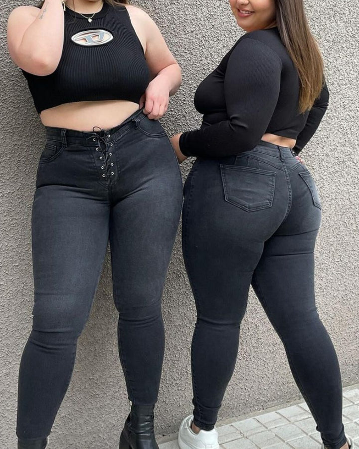 Shapshe® Hoch Taillierte Damen Slim Stretch Jeans mit Schnürung