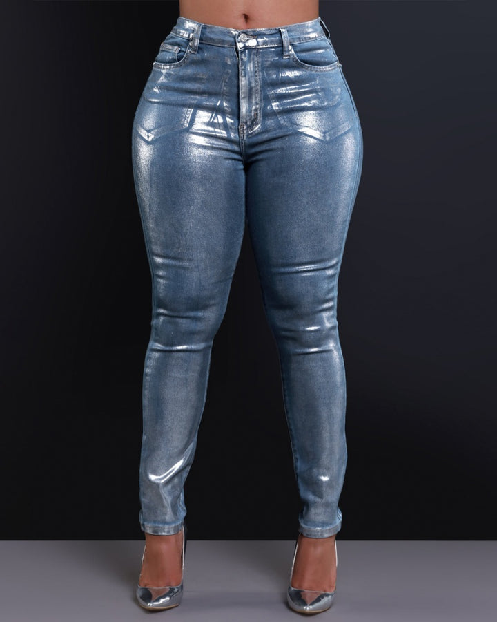 Sexy Silberfarbene Skinny-Stretch-Jeans für Damen