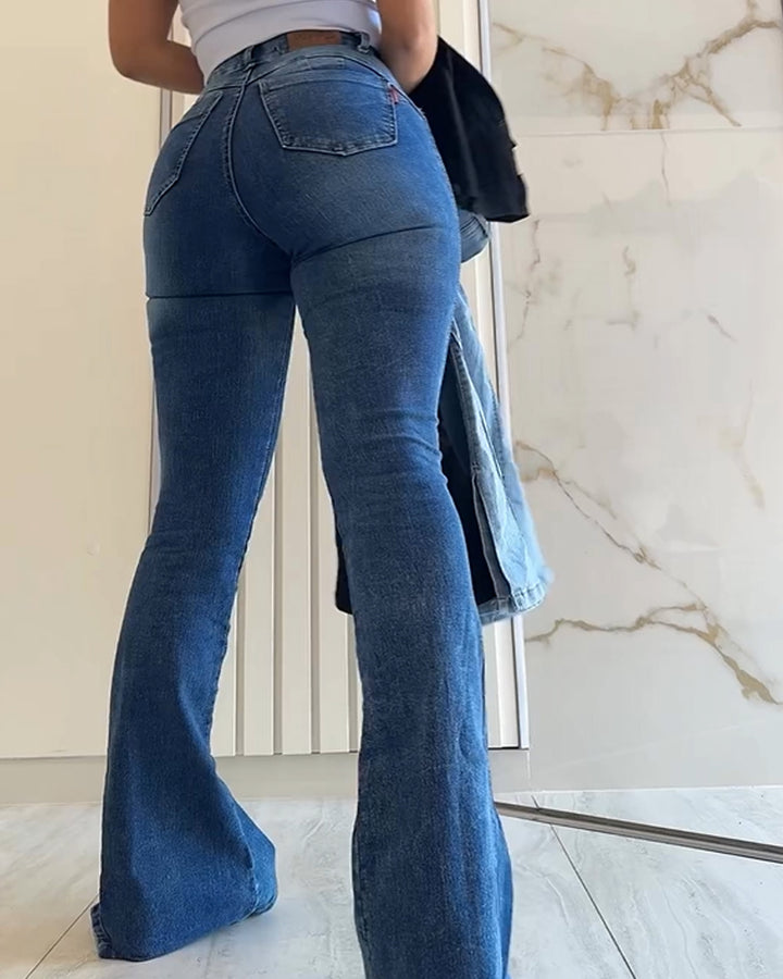Shapshe® Jeans mit Hoher Taille Bauchkontrolle Ausgestelltem Schnitt Schlitz und Bodenlanger Länge
