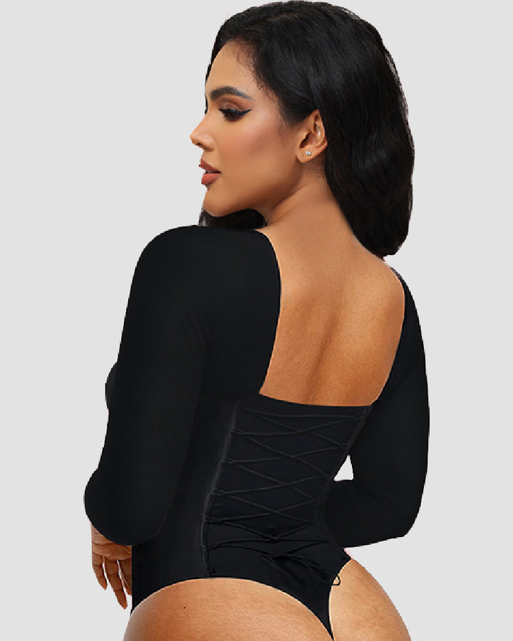 Damen Langarm Bodysuit Rücken Schnürung Bauchkontrolle