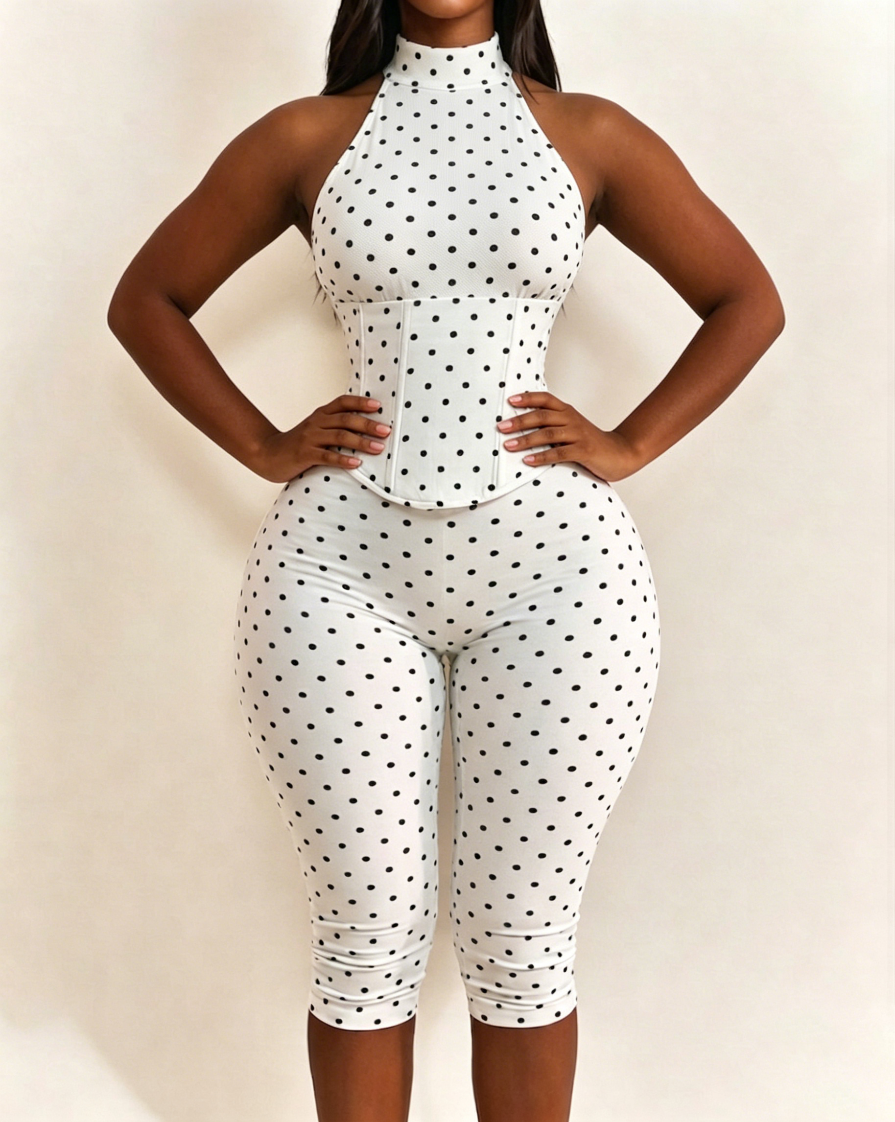 Polka Dot Halter Neck Backless Slim-Fit Stretch Capri Jumpsuit