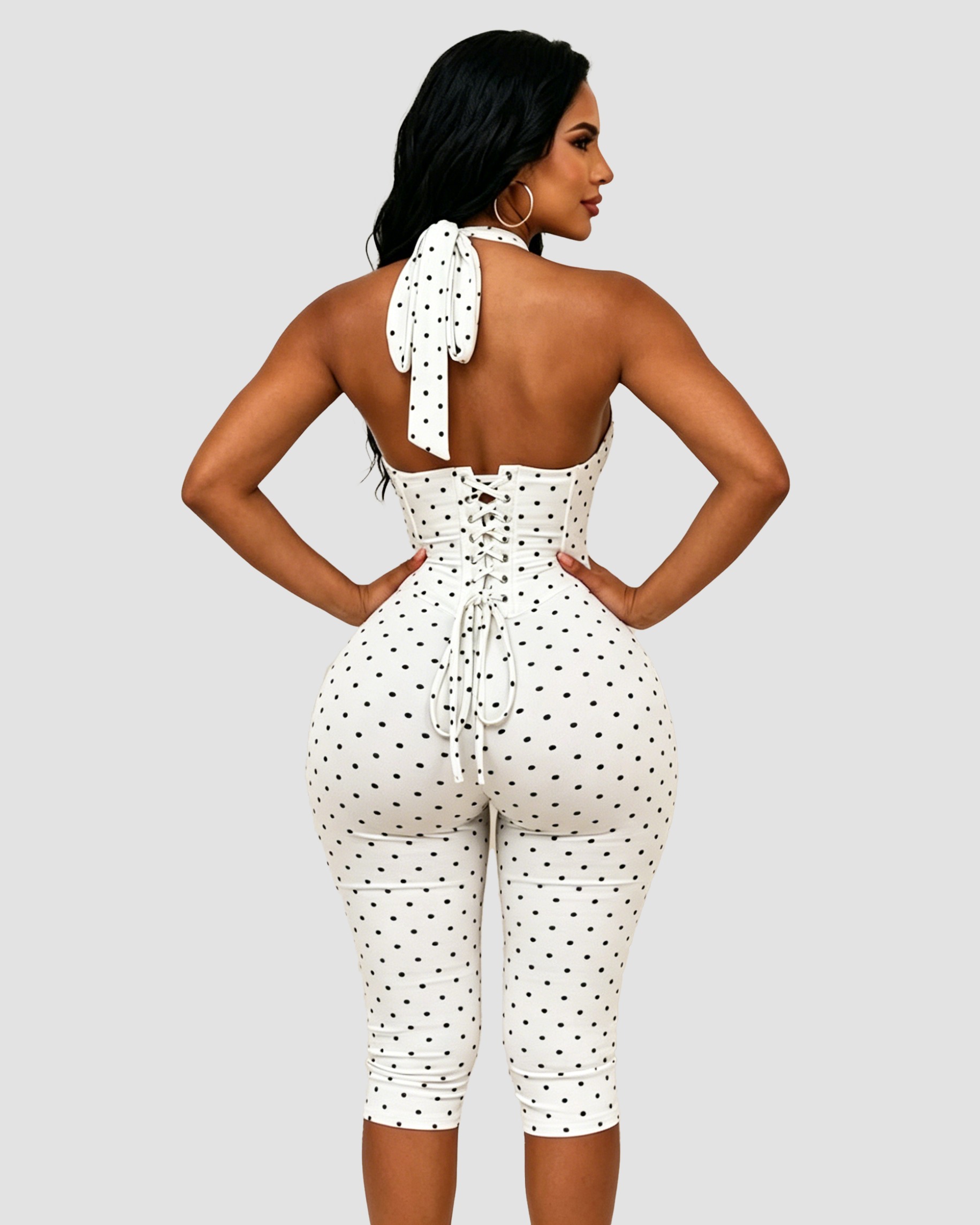 Polka Dot Halter Neck Backless Slim-Fit Stretch Capri Jumpsuit