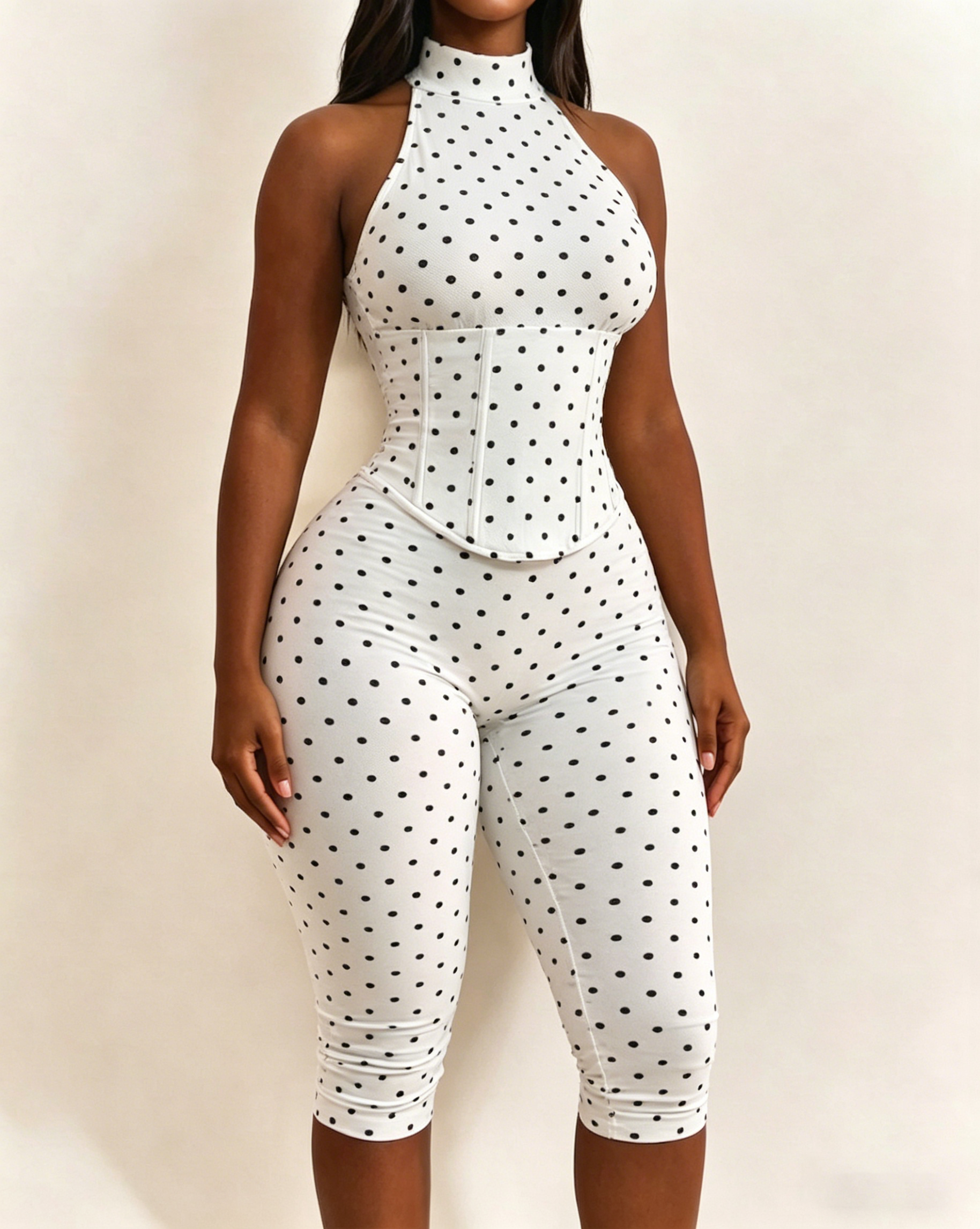 Polka Dot Halter Neck Backless Slim-Fit Stretch Capri Jumpsuit