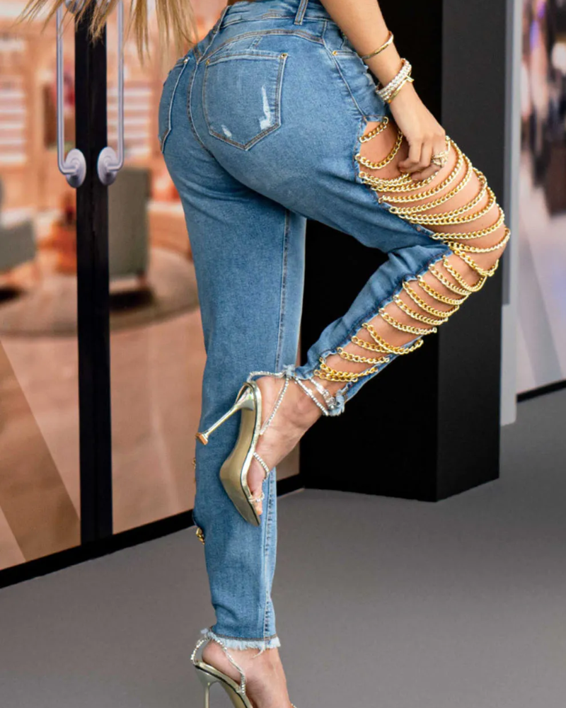 Shapshe® Damen Denim Jeans mit hohem Bund zerstört trendige Kette roh