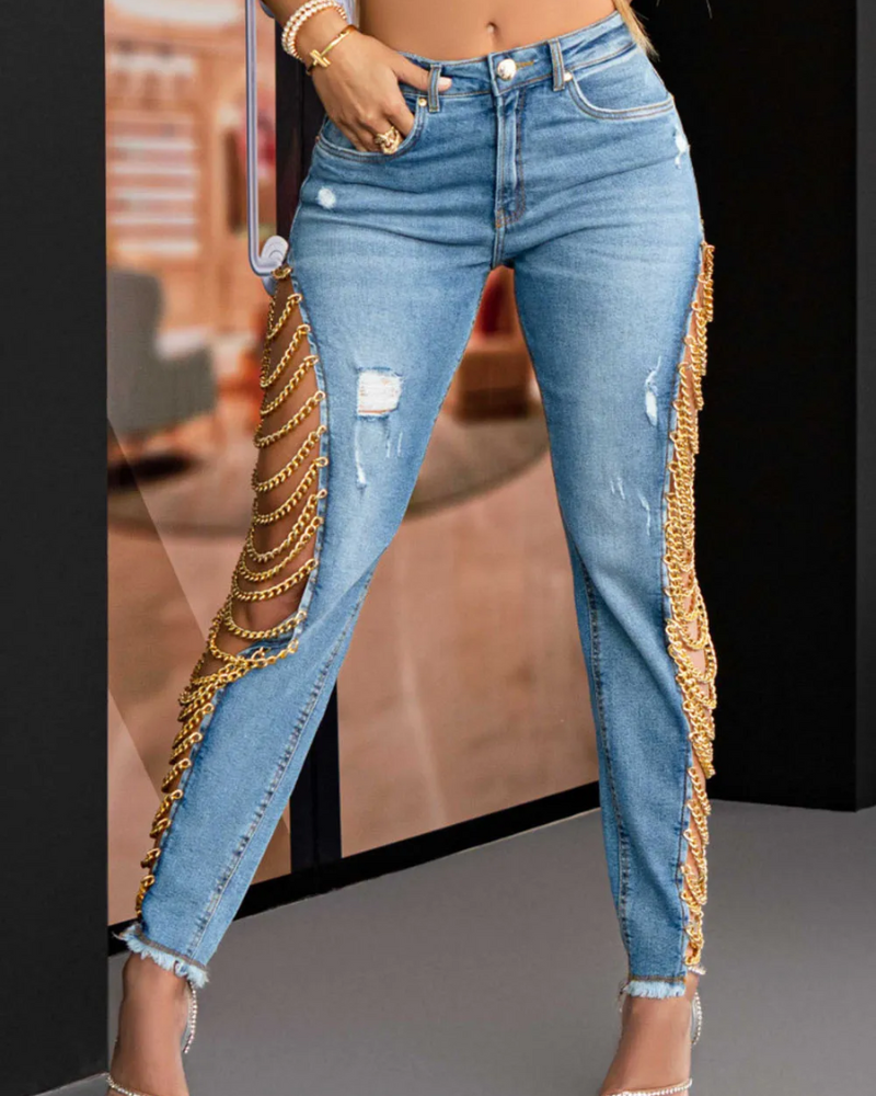 Shapshe® Damen Denim Jeans mit hohem Bund zerstört trendige Kette roh