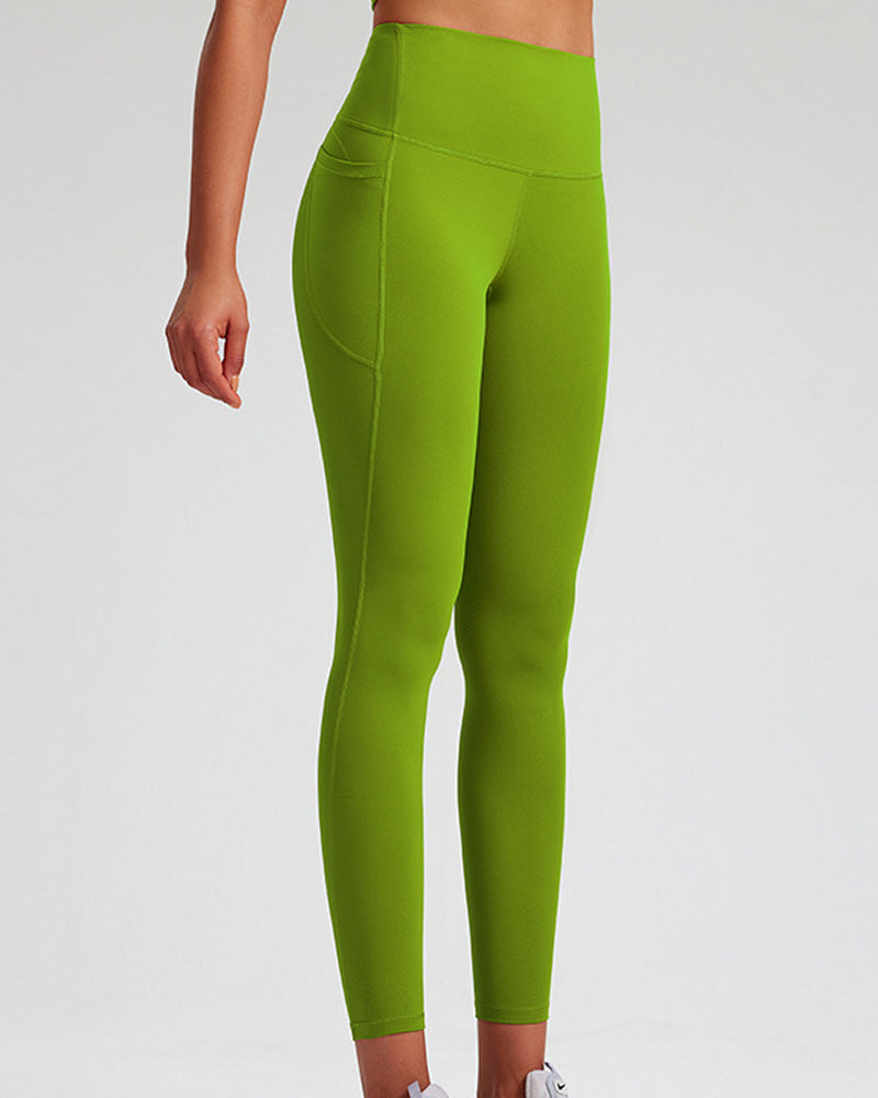 Hochelastische Einfarbige Hoher Taille Bauchkontrolle Yoga Leggings mit Seitentaschen