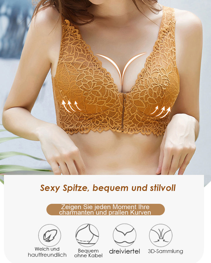 Stretch Reißverschluss Vorne Atmungsaktiver Sexy Spitze Weicher Ohne Bügel Push Up BH