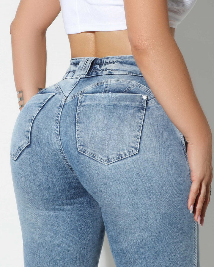 Shapshe® Damen Hoch Taillierte Zerrissene Röhren Jeans